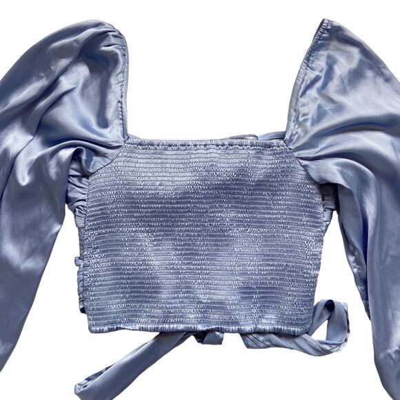 NEW Urban Outfitters Top Satin Puff Sleeve Smocked Shirt Square Neck Size Medium - Picture 9 of 10